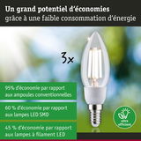 Ampoule LED à verre transparent avec culot à vis, montrant un fort potentiel d'économie d'énergie.