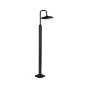 Schwarze Außen-Stehleuchte aus Metall mit rundem Lampenschirm und weißem Diffusor für Gartenbeleuchtung