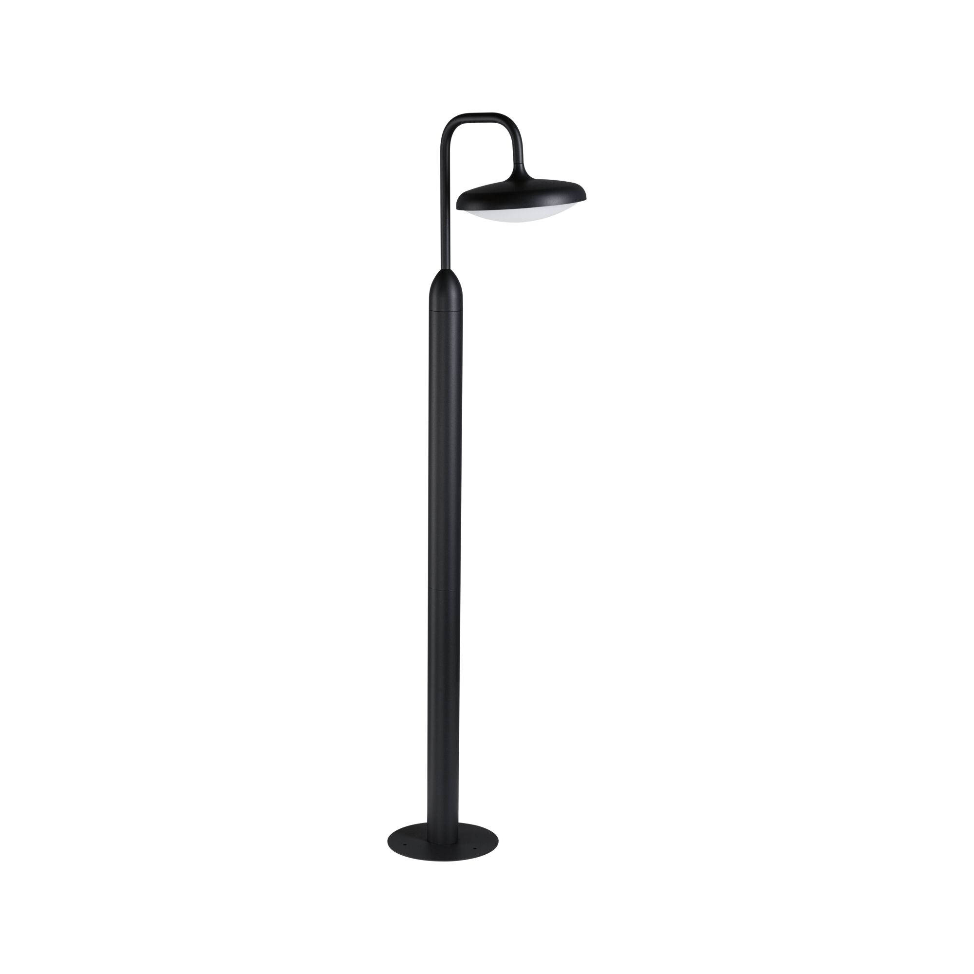 Schwarze Außen-Stehleuchte aus Metall mit rundem Lampenschirm und weißem Diffusor für Gartenbeleuchtung