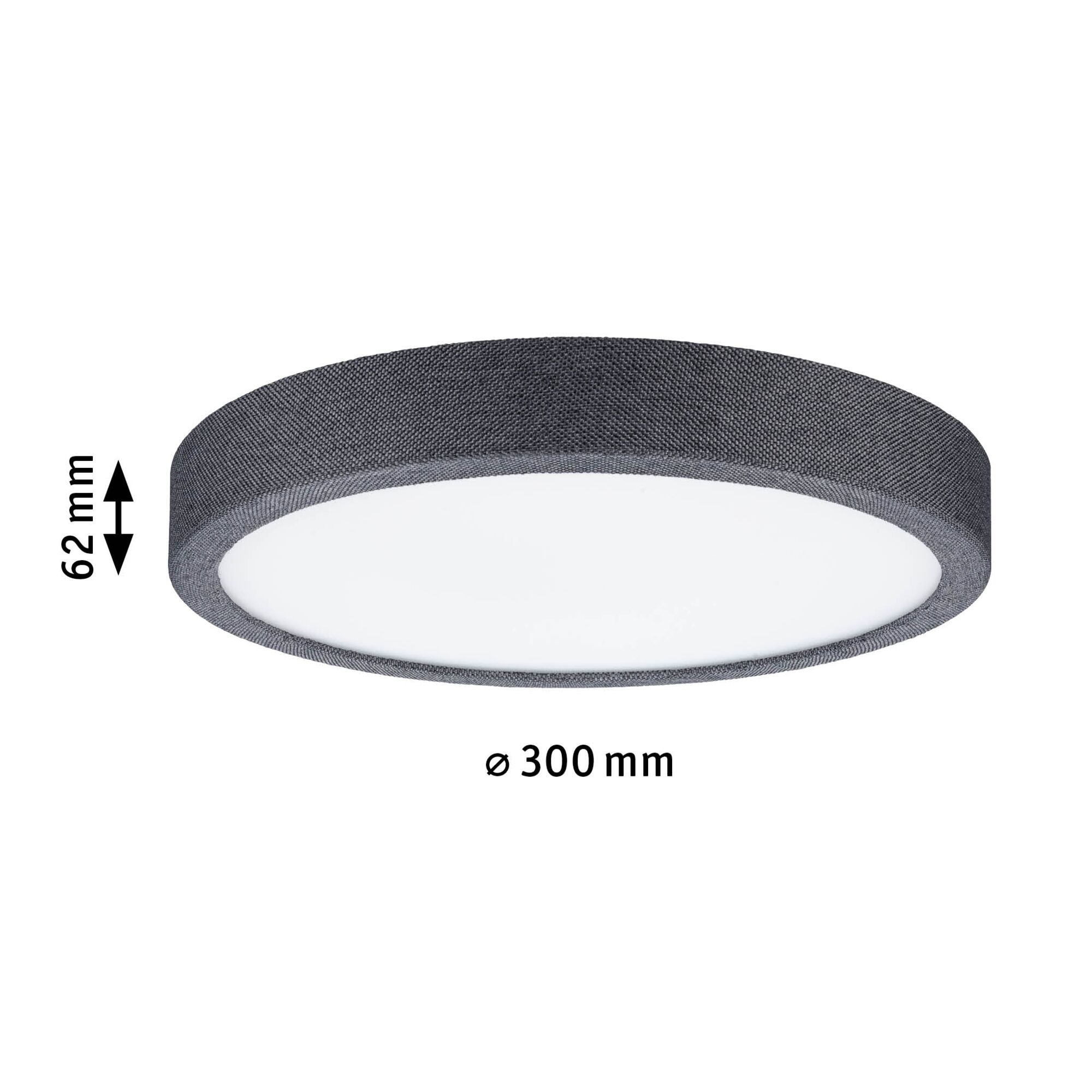 Runde Deckenleuchte mit grauem Stoffrand und weißem Diffusor, 300 mm Durchmesser, LED Wohnzimmerlampe