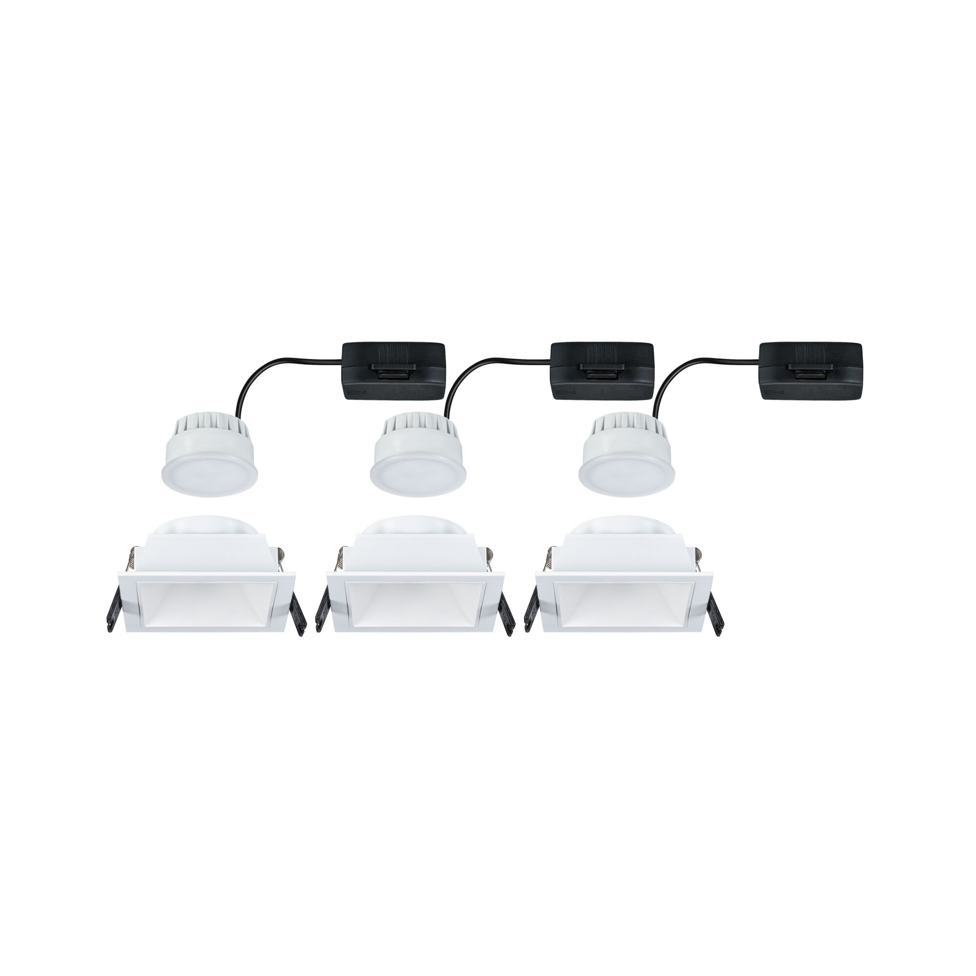 Three white square LED recessed spotlights with black wiring for modern indoor lighting solutions