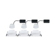 Three white square LED recessed spotlights with black wiring for modern indoor lighting solutions