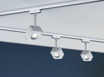 Modern white LED track light with three adjustable square metal spotlights for living spaces.