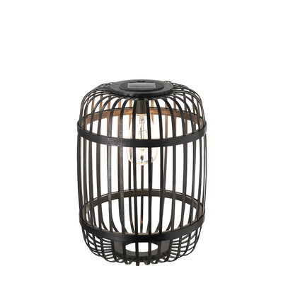 Lanterne en métal noir à structure en cage avec ampoule visible, éclairage décoratif extérieur