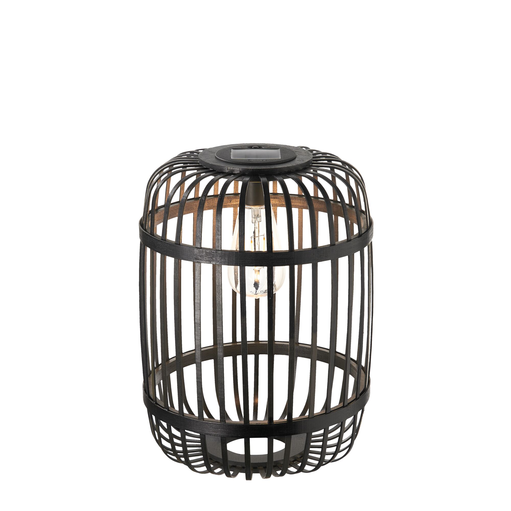 Black metal lantern with cage design and visible bulb, decorative outdoor lighting fixture