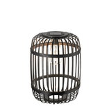 Black metal lantern with cage design and visible bulb, decorative outdoor lighting fixture