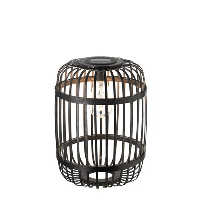 Black metal lantern with cage design and visible bulb, decorative outdoor lighting fixture