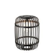 Black metal lantern with cage design and visible bulb, decorative outdoor lighting fixture