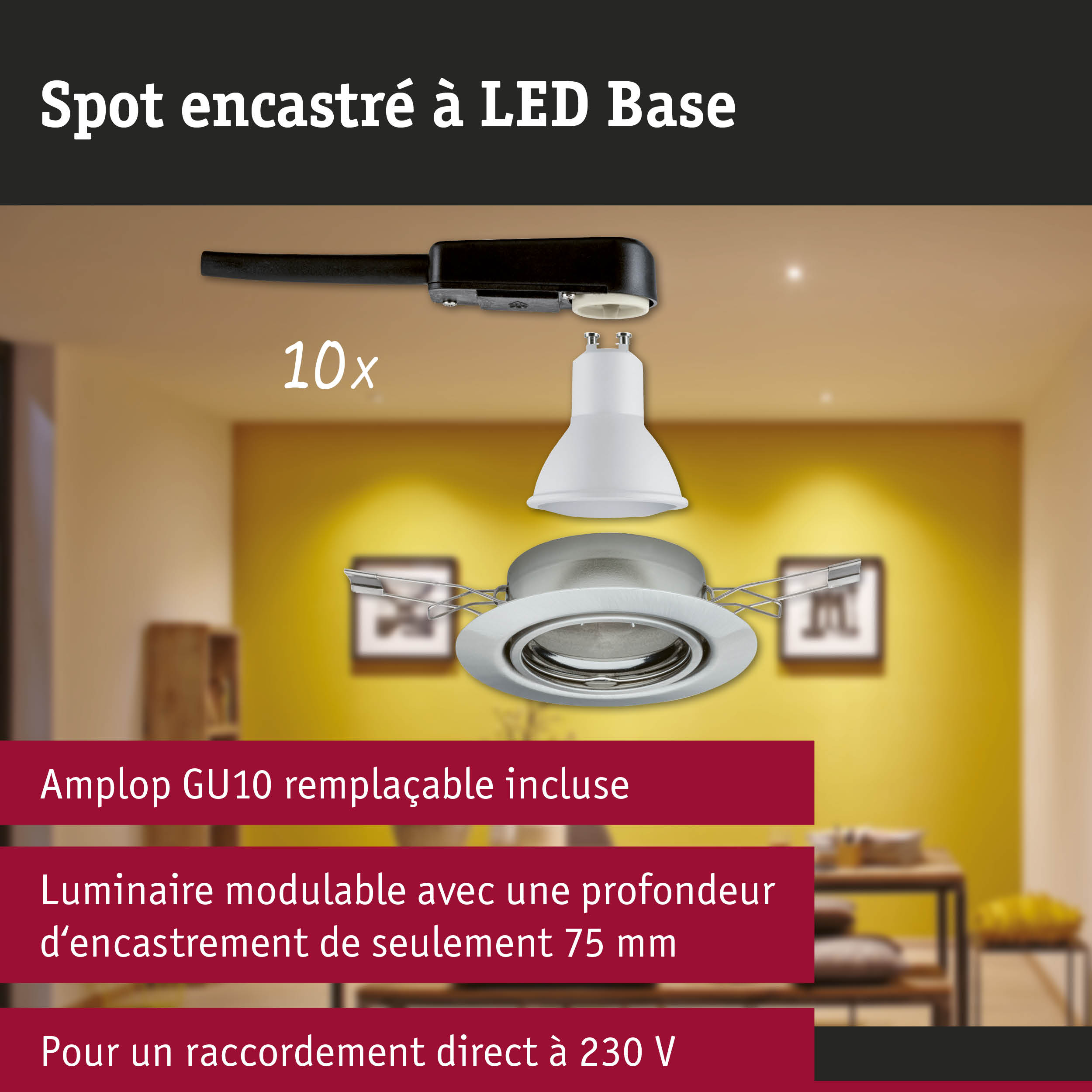 Spot encastré modulaire blanc avec douille GU10 et câble noir pour éclairage LED