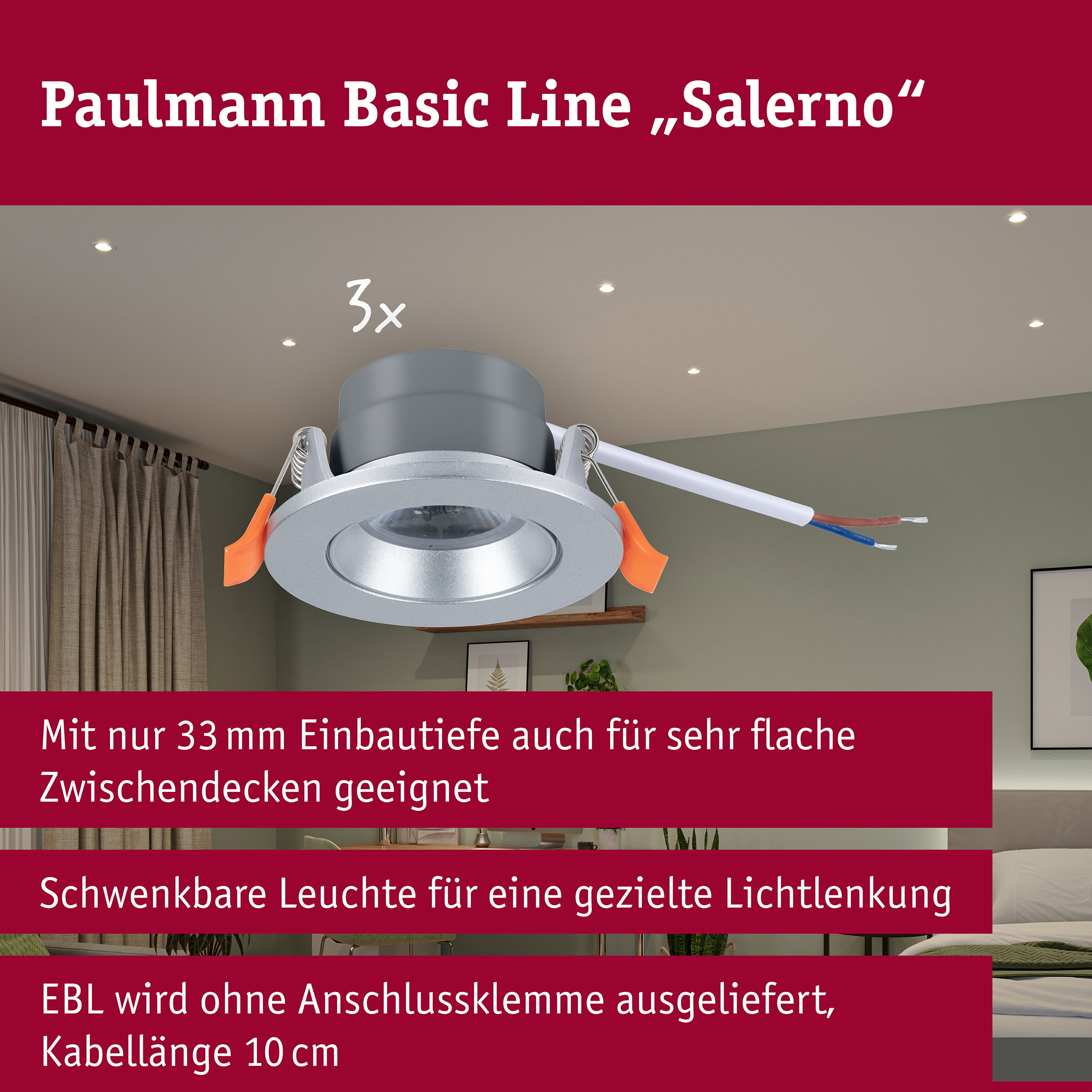LED Einbauleuchte Salerno 4000K 67mm 3x204lm 3x2,9W Chrom matt