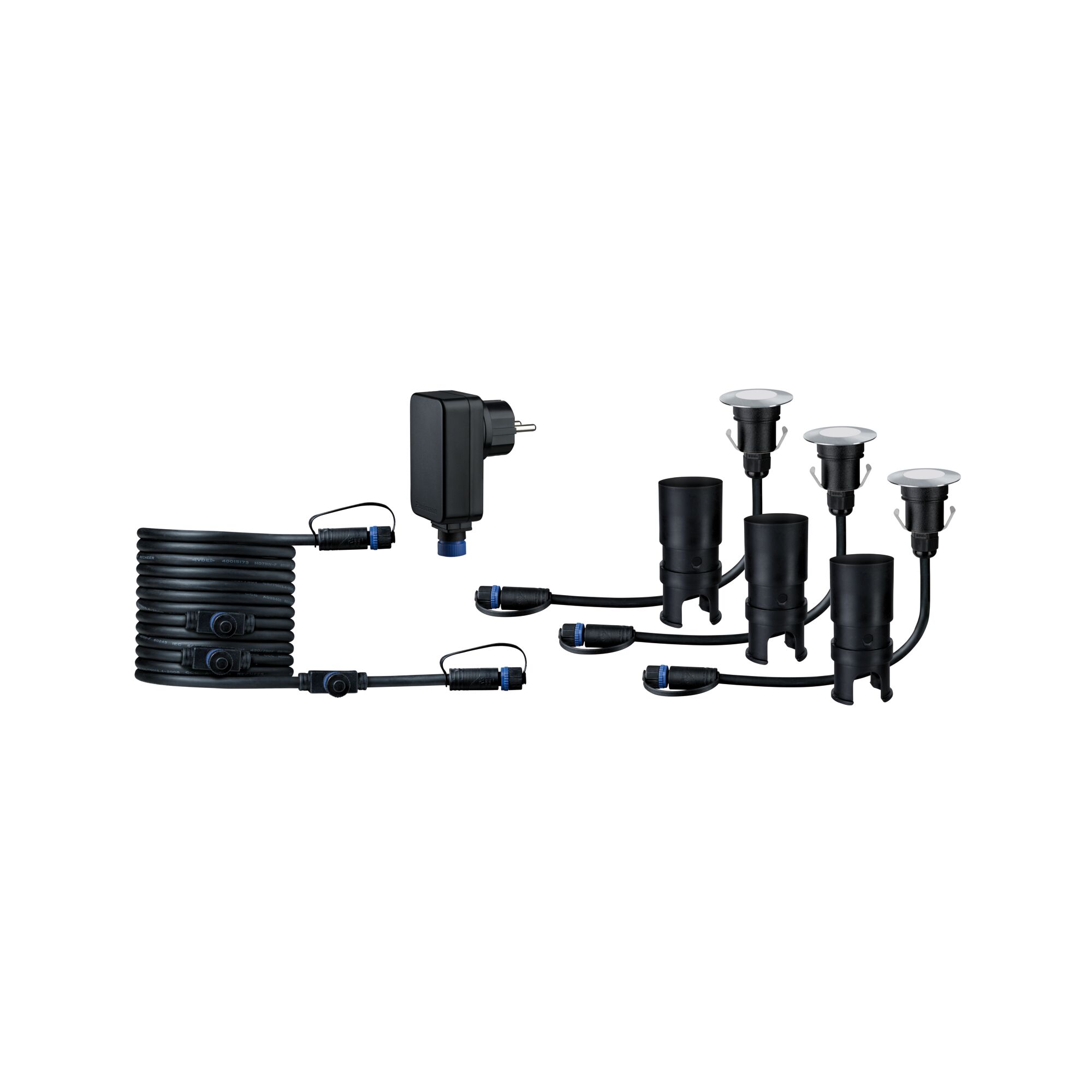 Black LED garden light set with cables and plugs for outdoor and garden lighting solutions