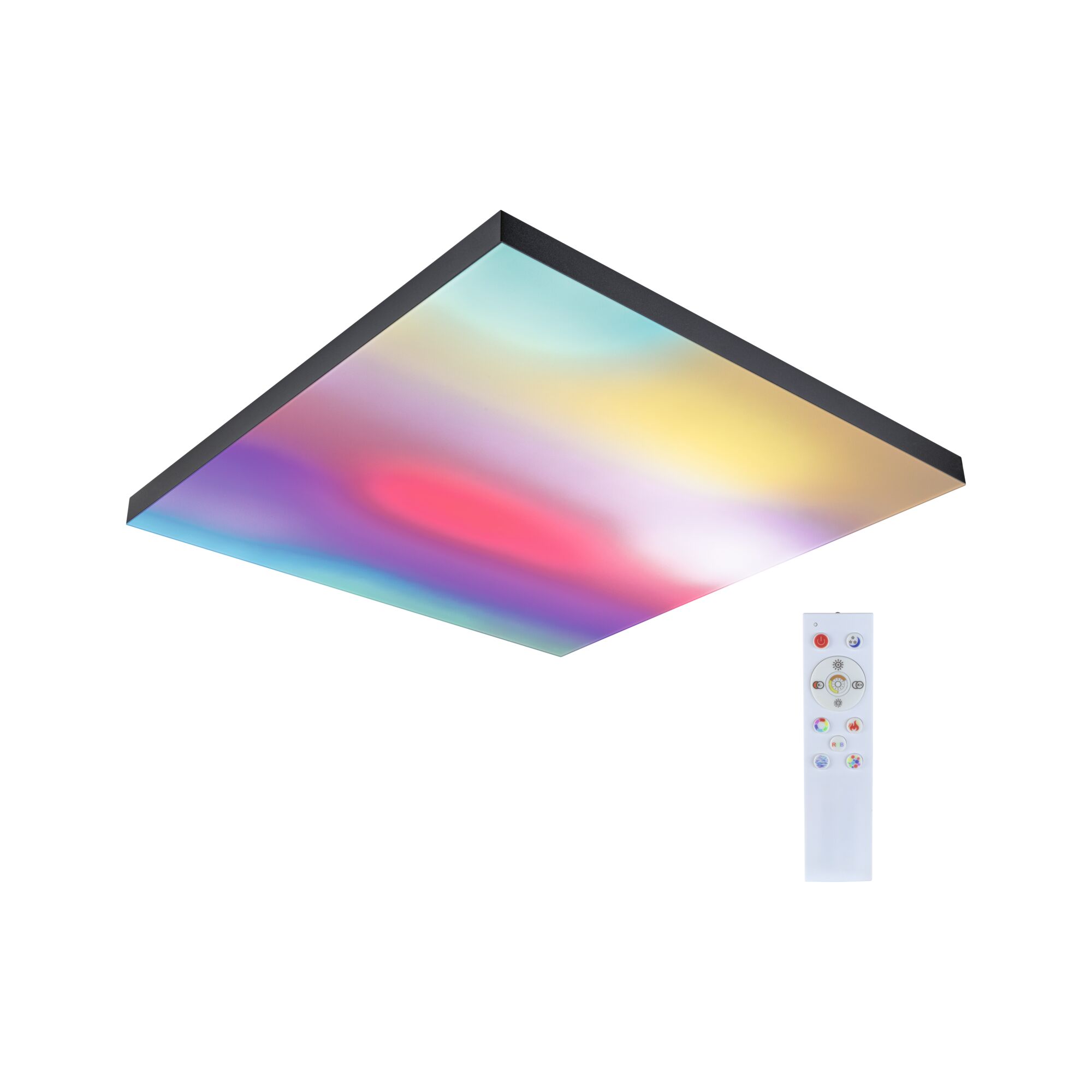 LED Panel Velora Rainbow dynamicRGBW eckig 595x595mm 31W 2820lm RGB+ Schwarz dimmbar Bunt beleuchtete quadratische LED-Deckenleuchte mit schwarzem Rahmen und Fernbedienung für Wohnräume
