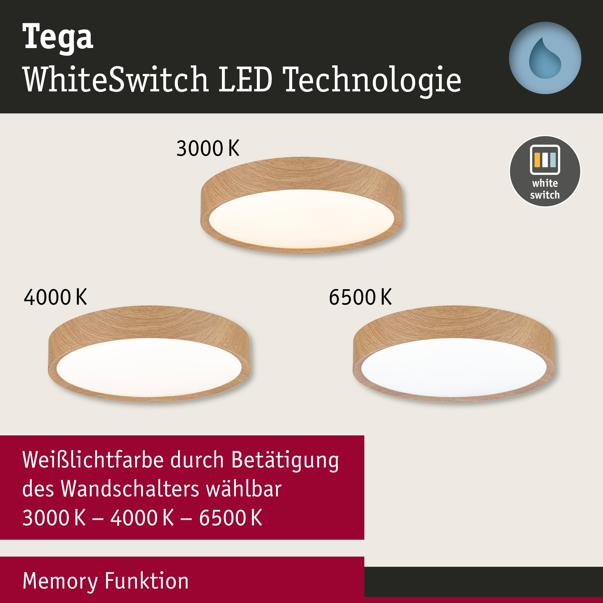 Runde LED-Deckenleuchte mit Holzrahmen in drei Weißlichtfarben 3000K, 4000K, 6500K