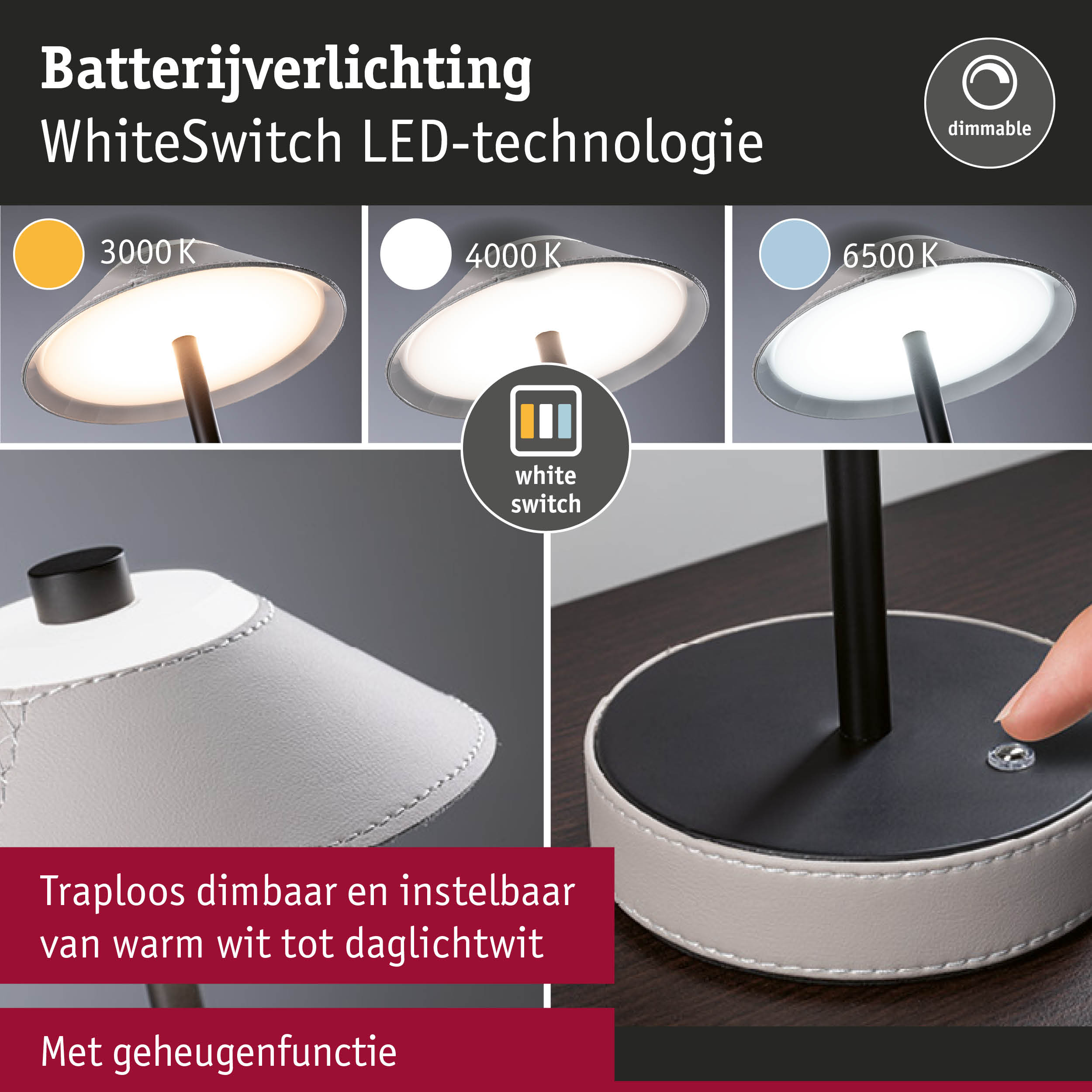 Dimbare batterij-LED-verlichting met WhiteSwitch-technologie, wit met leerlook, traploos instelbaar