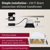 White square LED recessed spotlight with gold reflector and 230V direct connection for easy installation