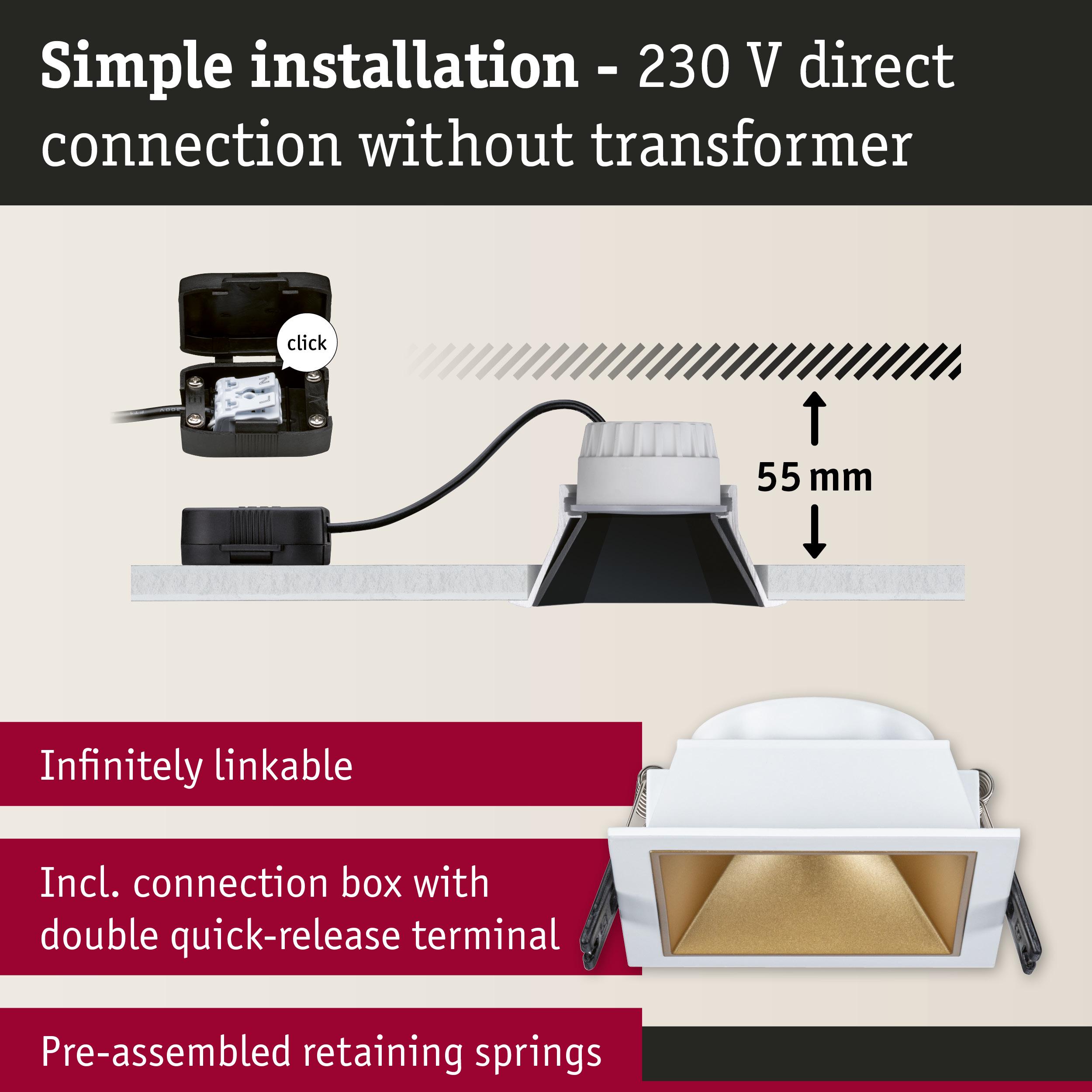 White square LED recessed spotlight with gold reflector and 230V direct connection for easy installation