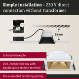 White square LED recessed spotlight with gold reflector and 230V direct connection for easy installation