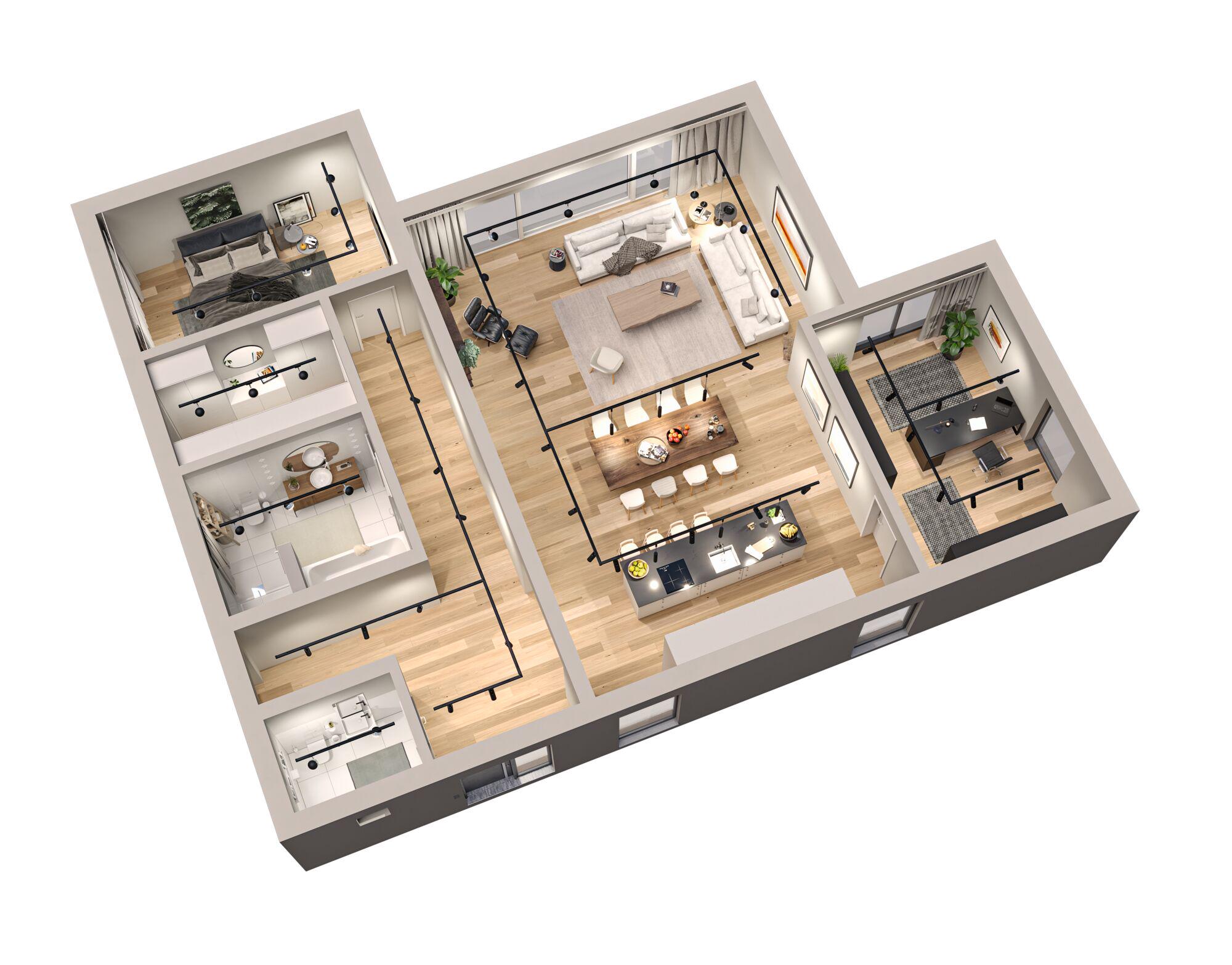 3D floor plan showing black URail track system for flexible LED lighting in living spaces