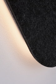 Gros plan d'une lampe murale en feutre noir avec lumière LED blanc chaud sur mur blanc