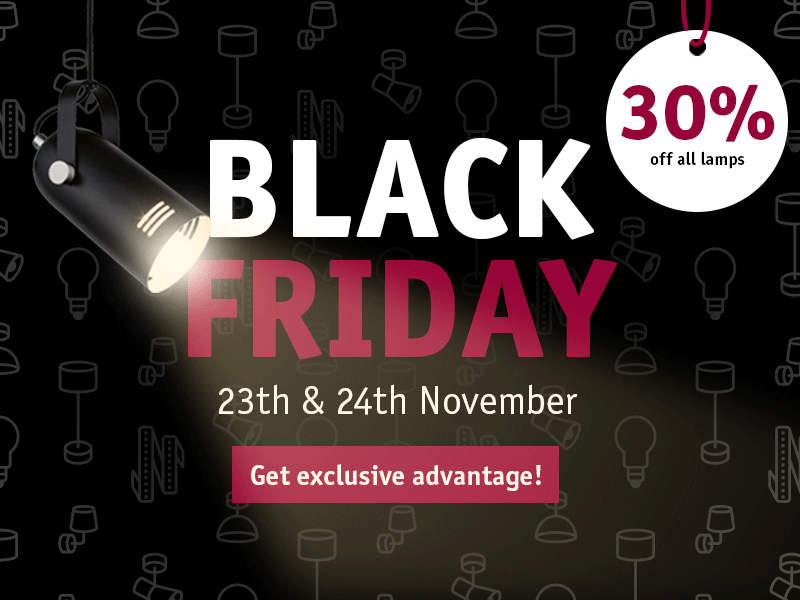 Black spotlight highlights Black Friday sale with 30 percent off all lamps on November 23rd and 24th
