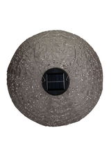 Round solar light with grey perforated paper lampshade and metal hanging handle for outdoor use