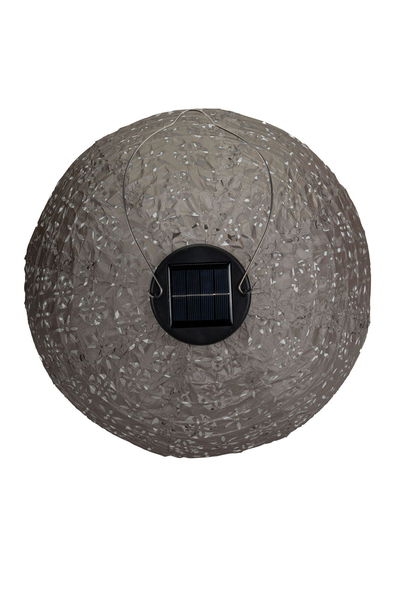 Round solar light with grey perforated paper lampshade and metal hanging handle for outdoor use