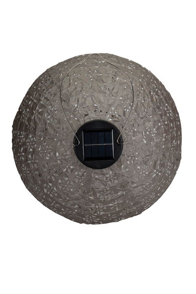 Round solar light with grey perforated paper lampshade and metal hanging handle for outdoor use