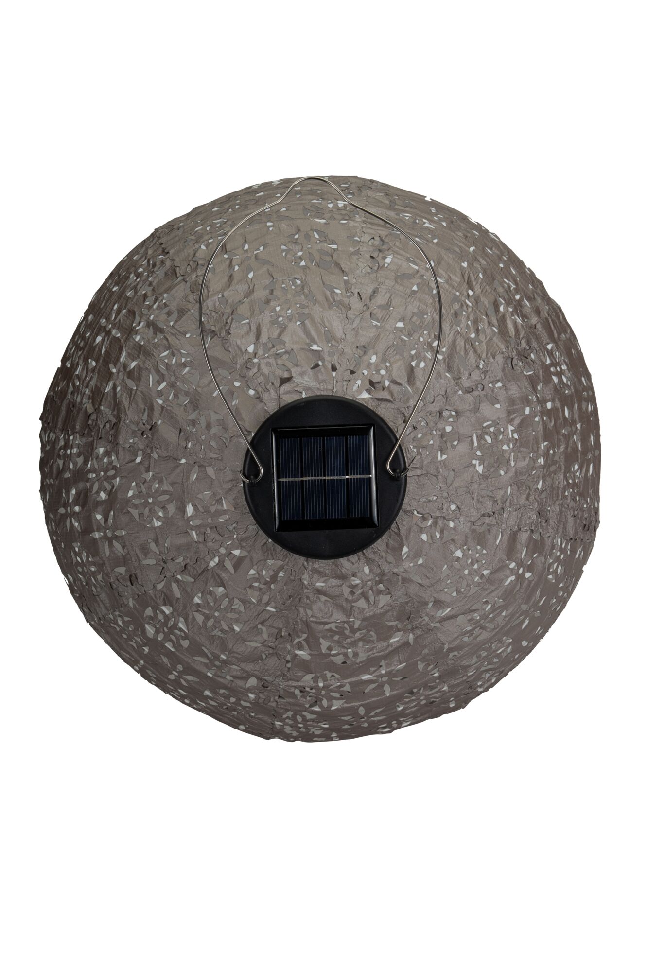 Round grey paper solar lantern with intricate cut-out pattern and metal hanging handle