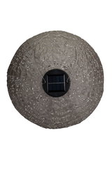 Round grey paper solar lantern with intricate cut-out pattern and metal hanging handle