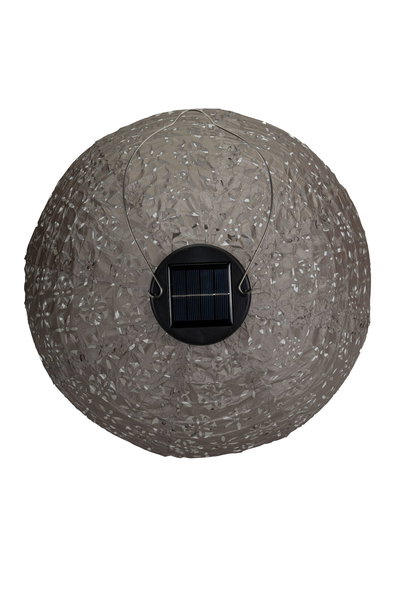 Round grey paper solar lantern with intricate cut-out pattern and metal hanging handle