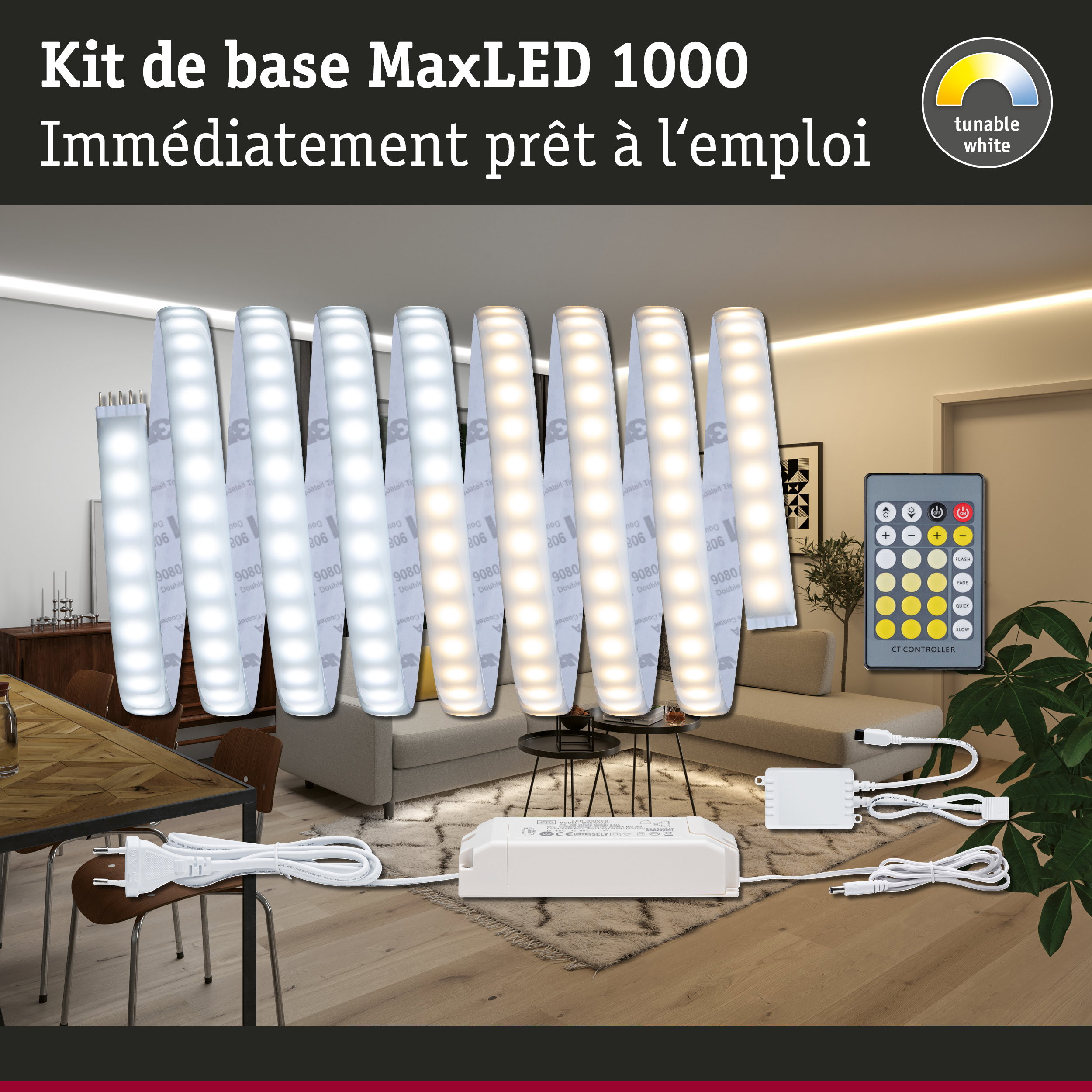 Kit de base MaxLED 1000 avec bandes LED blanches réglables et télécommande pour éclairage intérieur