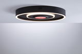 Zwarte LED-plafondlamp met warm wit licht en rode accent, modern design voor woonruimtes