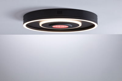 Zwarte LED-plafondlamp met warm wit licht en rode accent, modern design voor woonruimtes