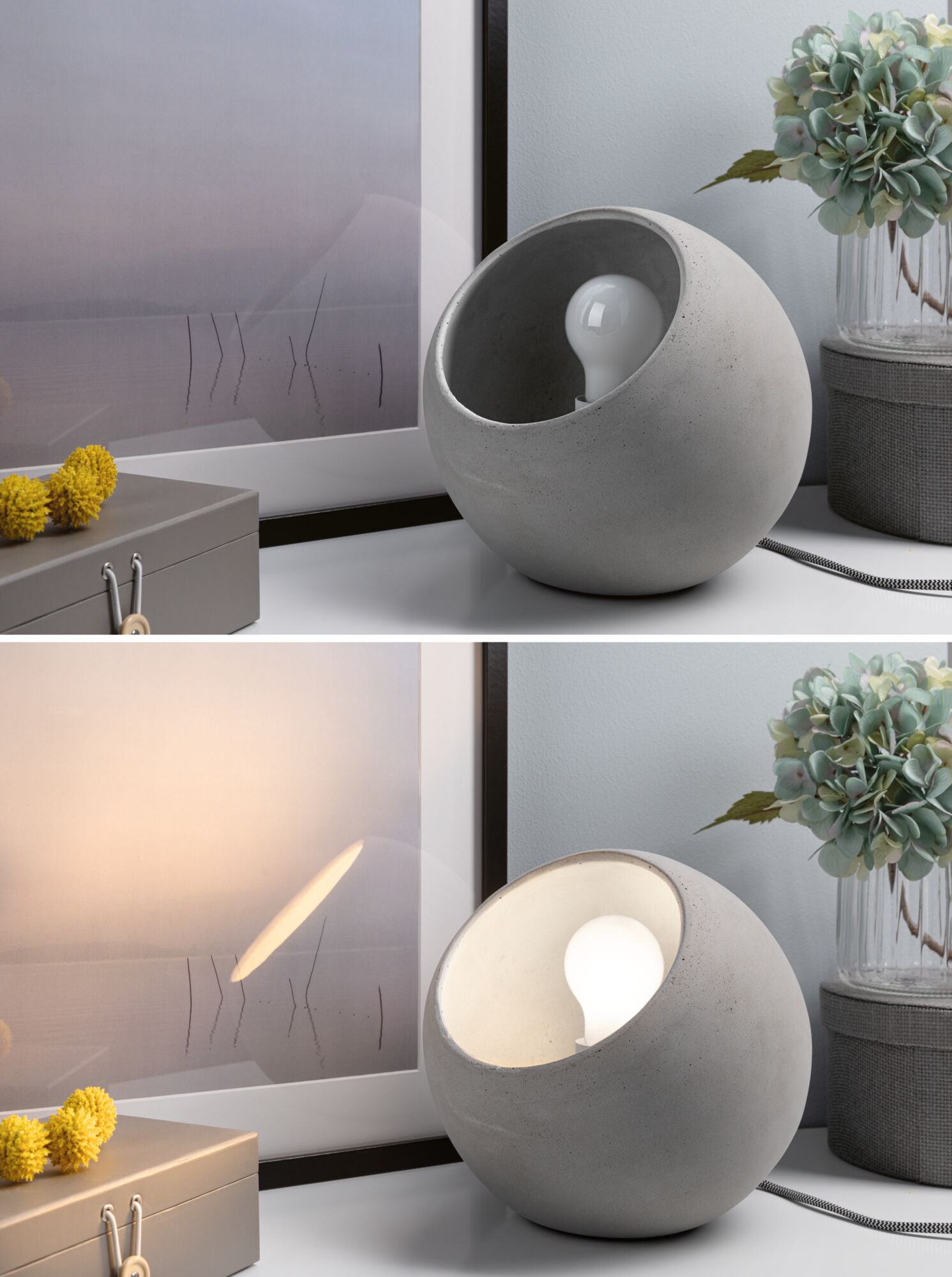 Round table lamp made of grey concrete with visible bulb, modern home accessory for ambient lighting
