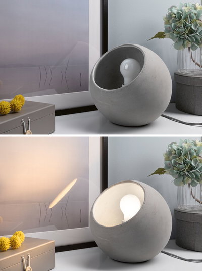 Rund bordlampe af gråt beton med synlig pære, moderne boligtilbehør til stemningsbelysning