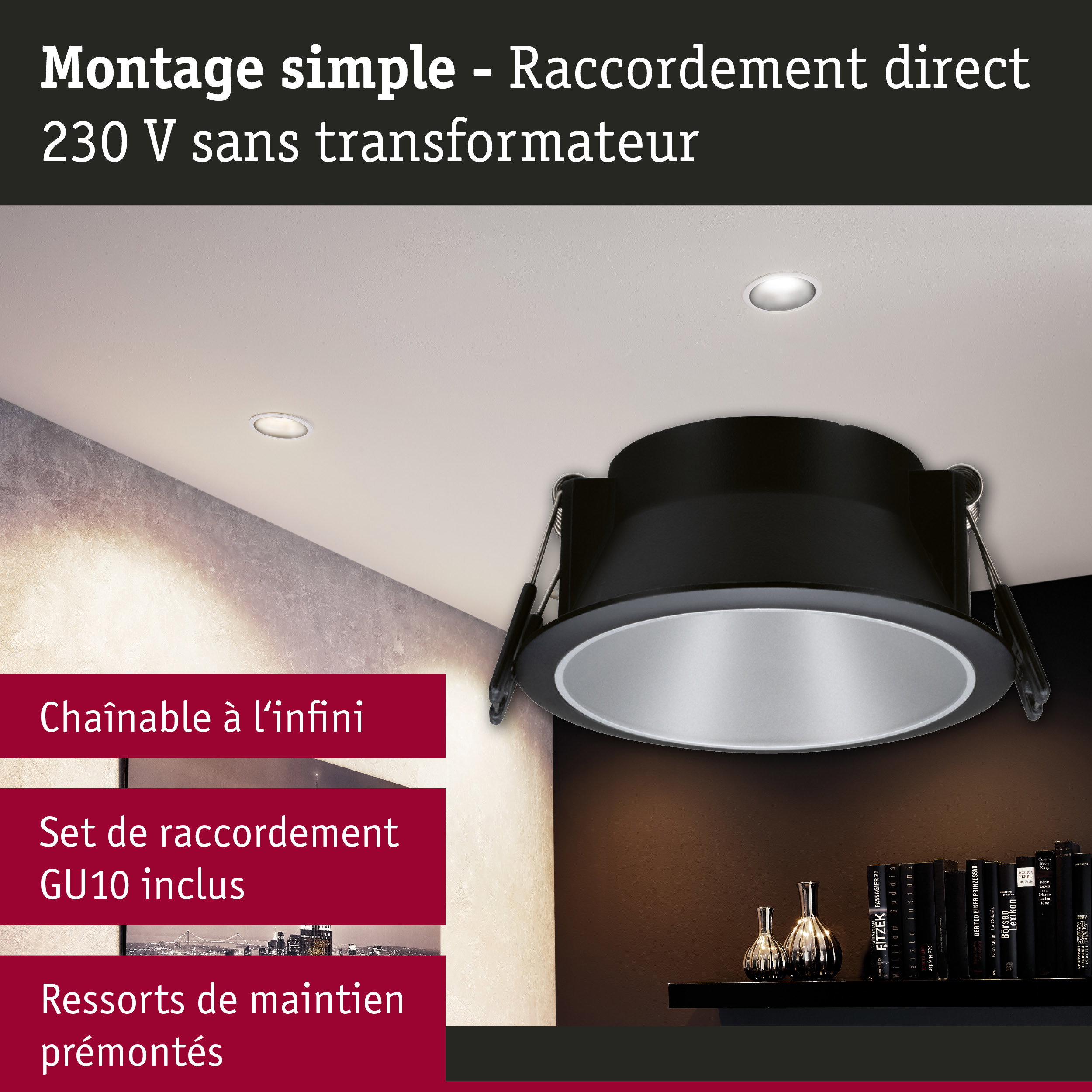 Spot encastré noir avec réflecteur argenté au plafond blanc dans un salon moderne