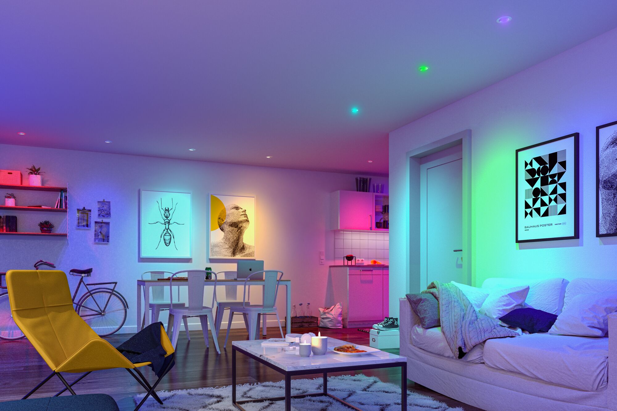 Moderne woonkamer met gekleurde LED-inbouwspots in wit, geel en blauw voor sfeerverlichting