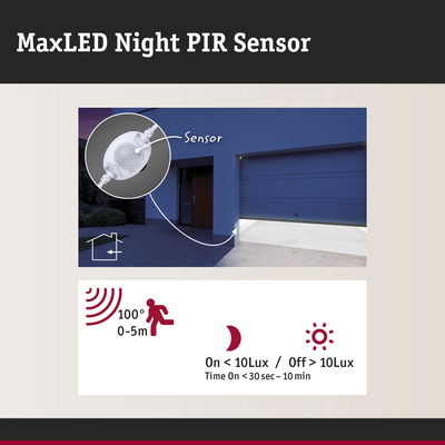 MaxLED Night PIR sensor with 100° detection angle and 0-5m range for outdoor LED lighting control