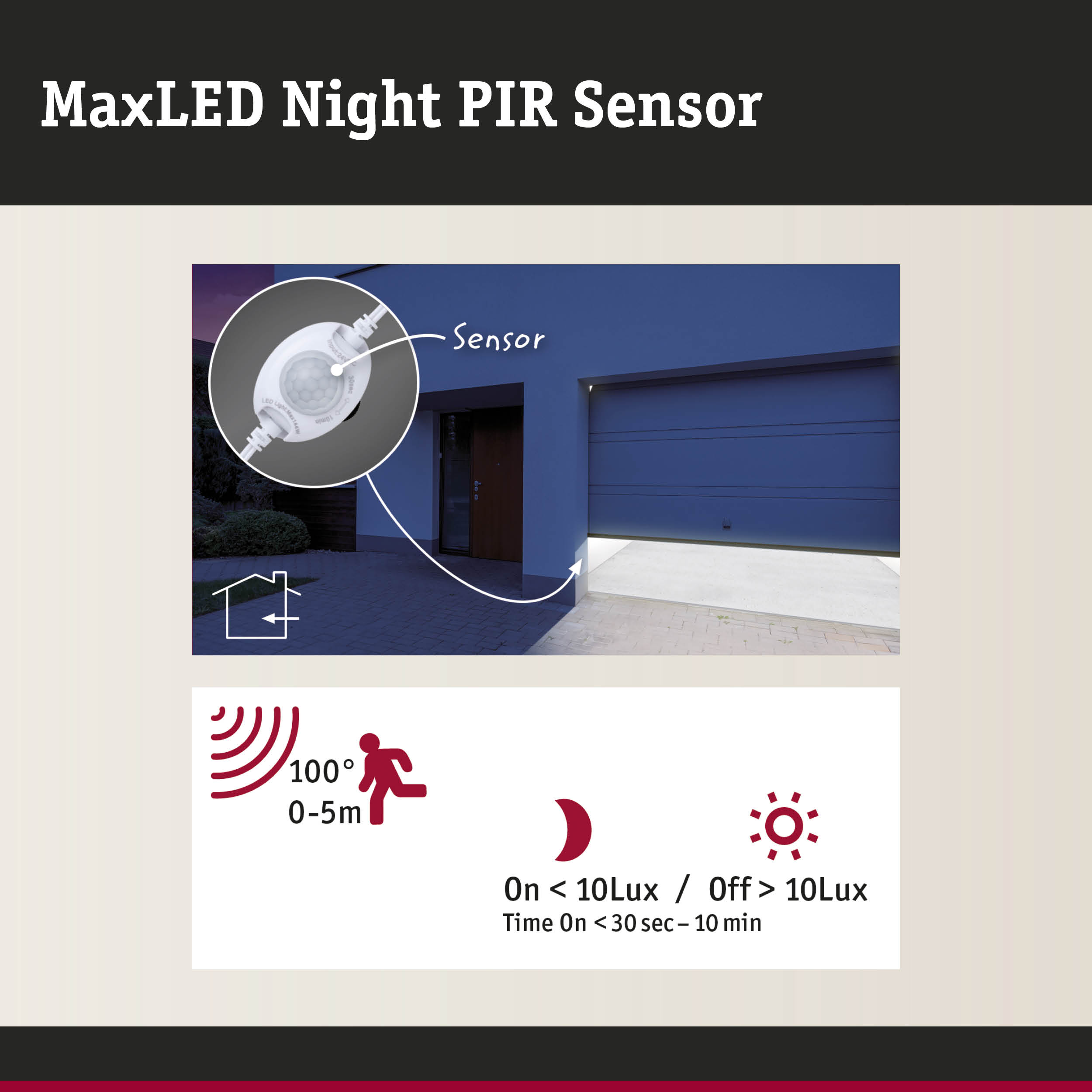 MaxLED Night PIR Sensor in white detects motion up to 5m with automatic light control for outdoor use