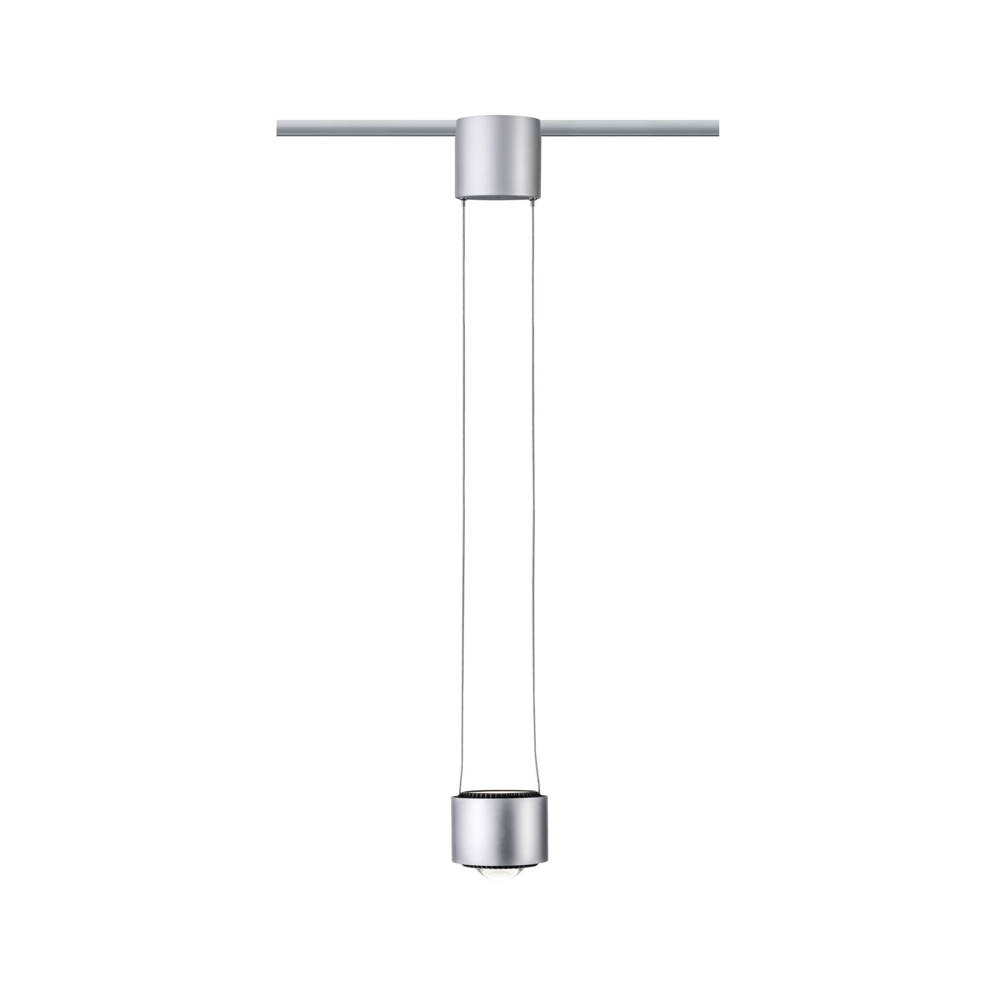 Moderner silberner LED-Pendelleuchte aus Metall mit minimalistischer Form für Schienensystem.