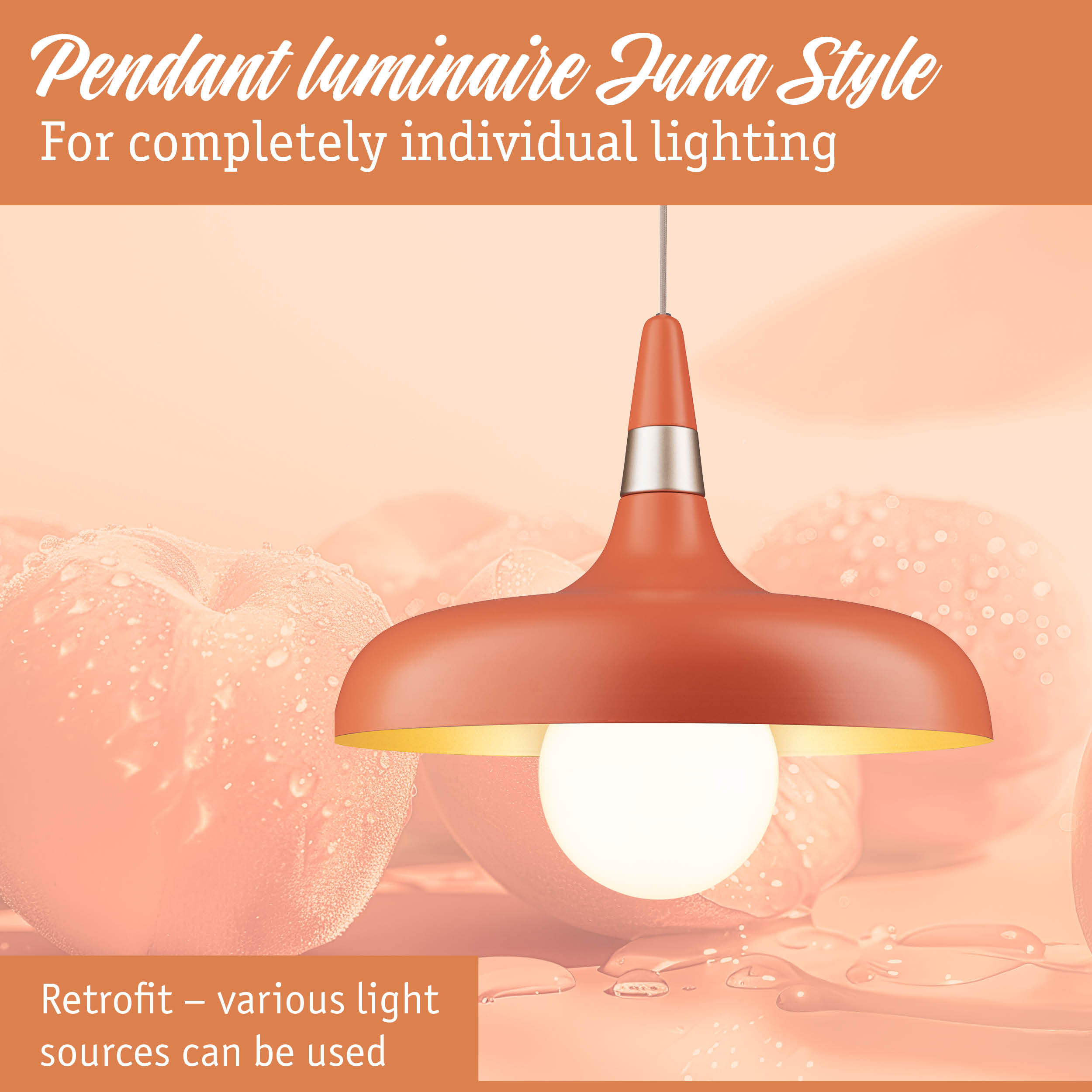 Matte orange Luna Style pendant lamp with metal ring and energy-saving LED bulb for home lighting
