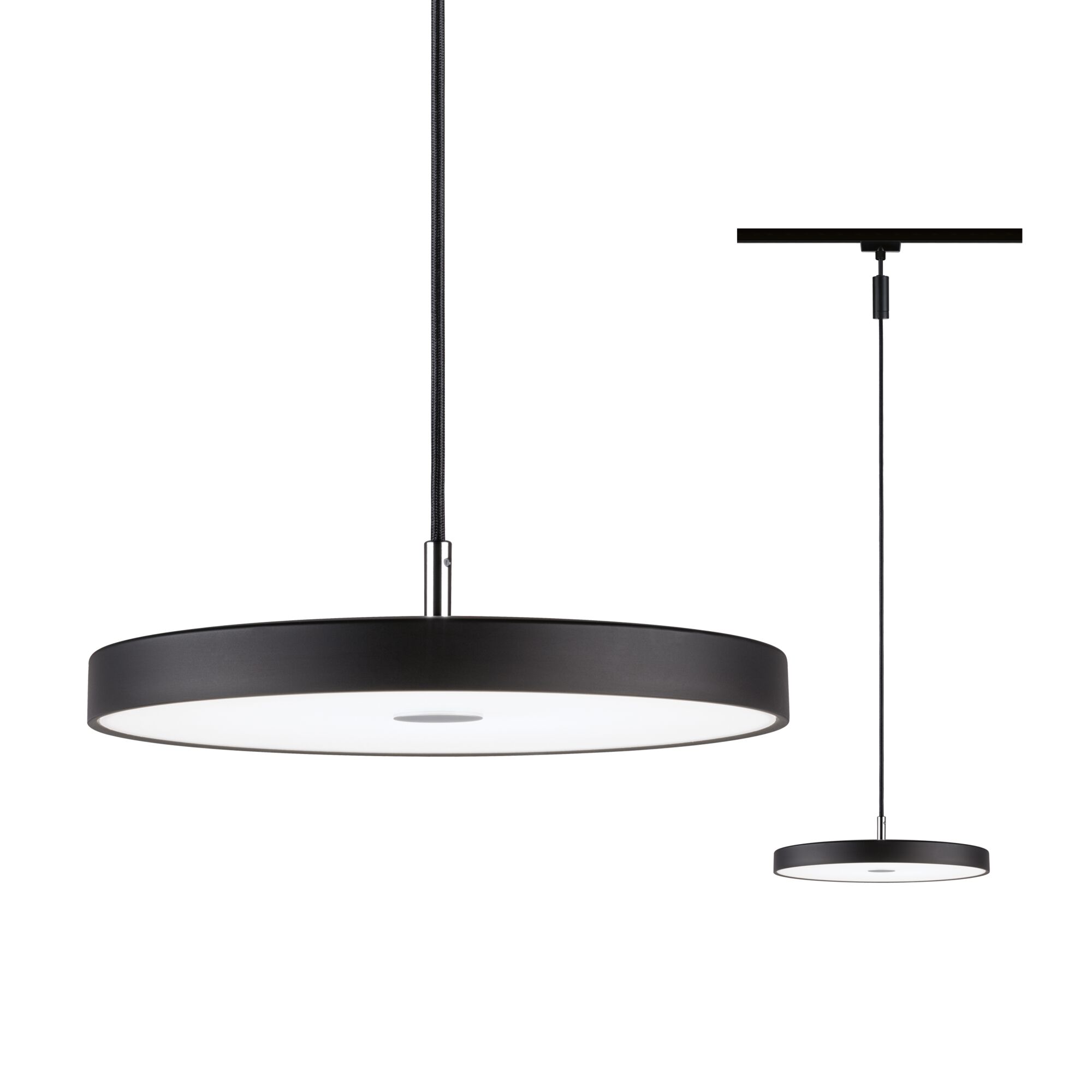 Suspension LED ronde noire avec diffuseur blanc pour éclairage intérieur moderne