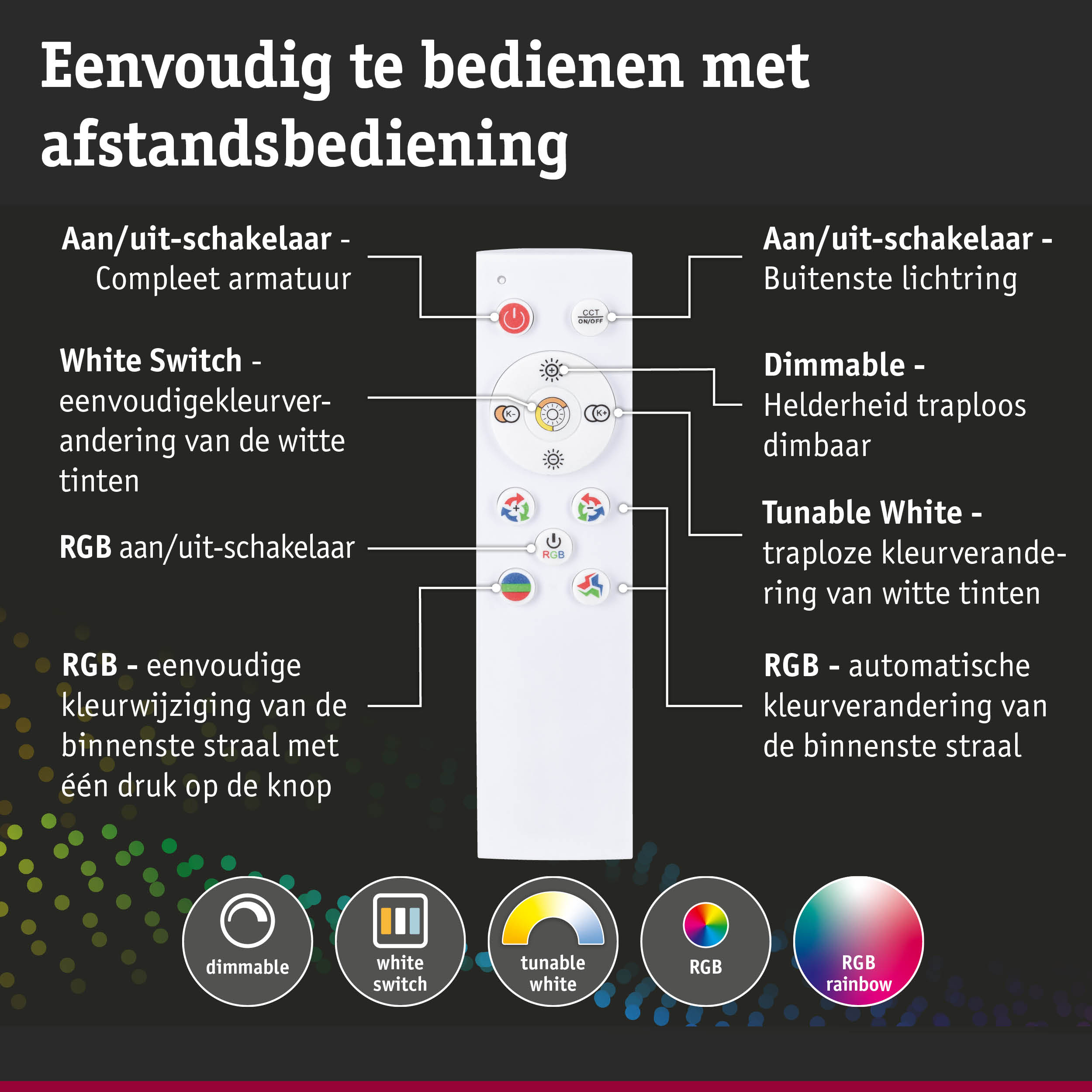 Witte afstandsbediening met knoppen voor dimbaar licht, witte schakelaar en RGB-kleurwisselfuncties