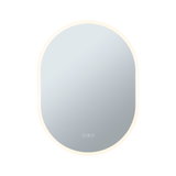 Oval LED mirror with warm white light and touch controls for modern bathroom lighting.