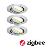 Drei runde Einbaustrahler aus gebürstetem Aluminium mit farbiger Linse und Zigbee-Logo darunter