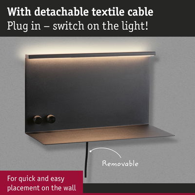 Modern black wall light with detachable textile cable and LED strip for easy wall mounting