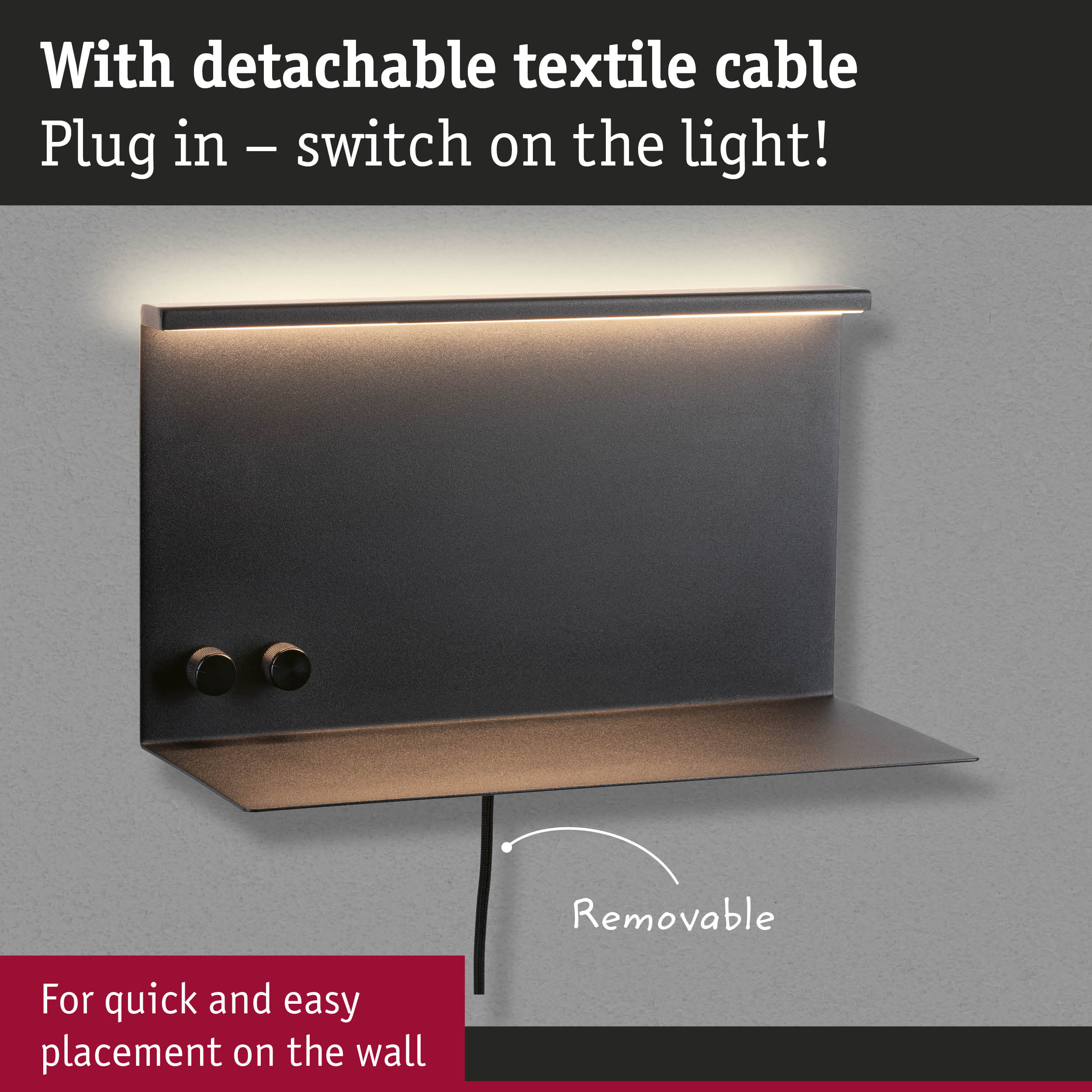 Black wall lamp with detachable textile cable and warm LED light for quick and easy wall mounting