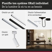 Système modulaire URail avec rails en aluminium noir et blanc pour éclairage LED flexible.