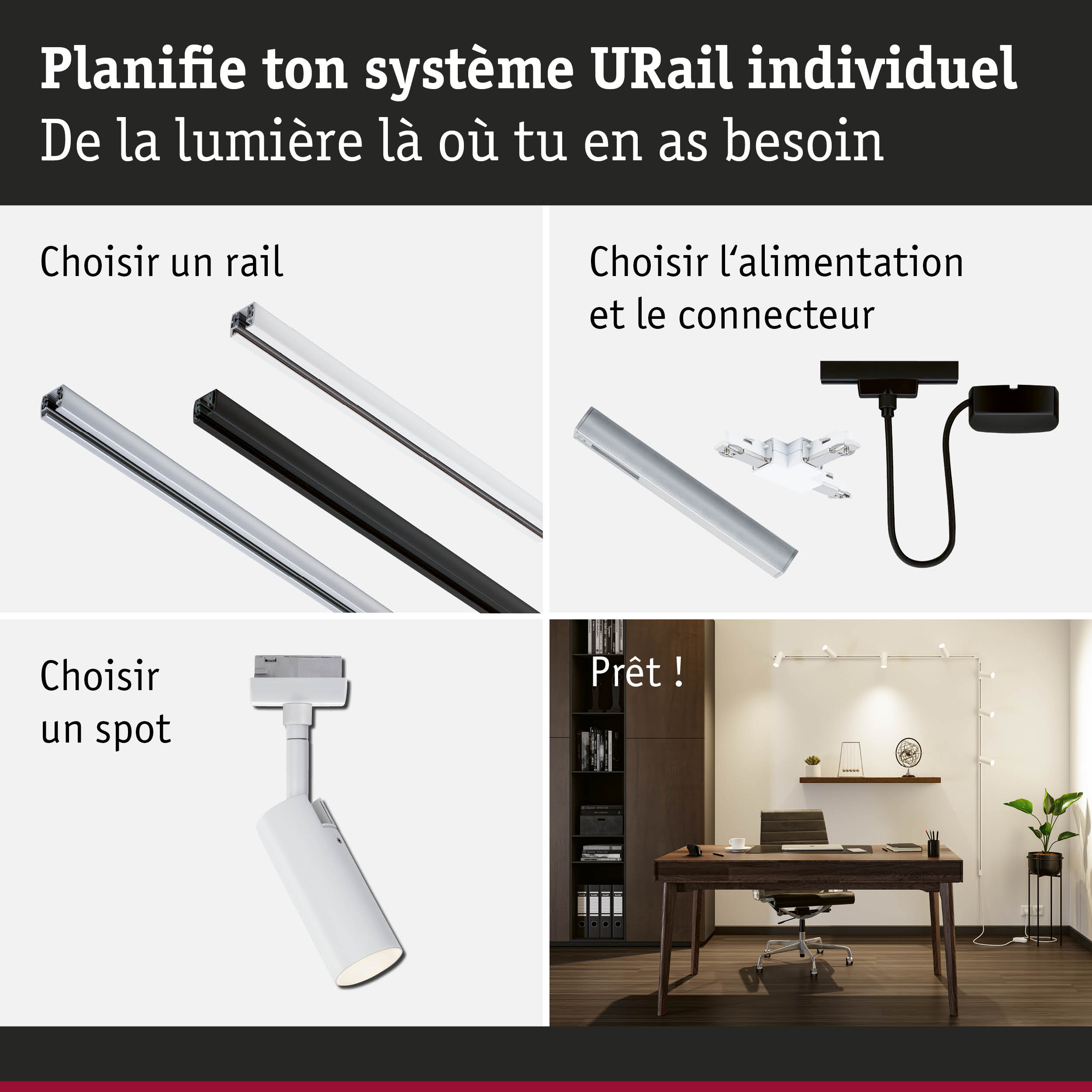 Système modulaire URail avec rails en aluminium noir et blanc pour éclairage LED flexible.