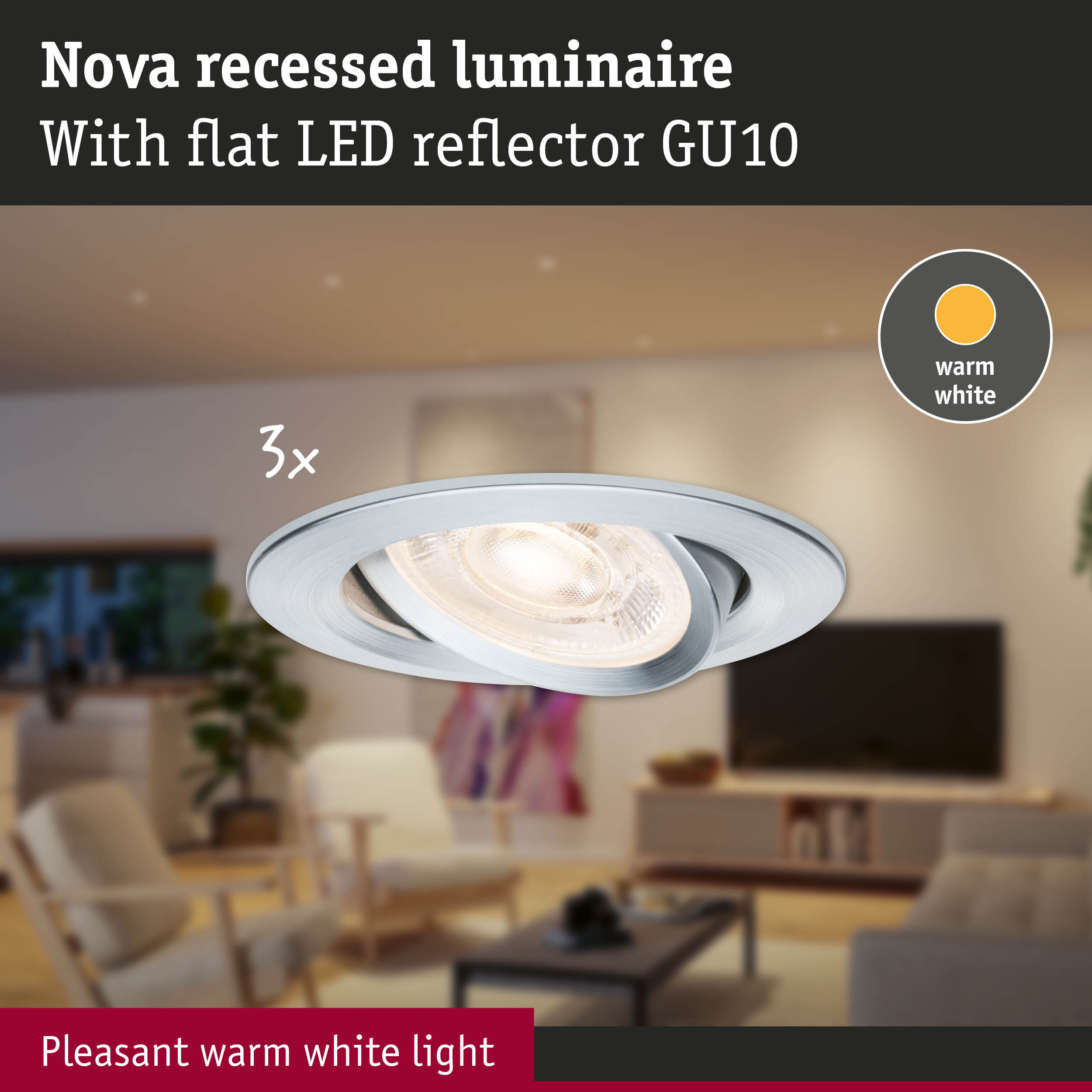 Nova recessed luminaire in silver aluminium with flat GU10 LED reflector emitting warm white light
